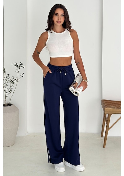 Noa & Noa Kadın Lastikli Bel Bağcıklı Bol Paça Pantolon Rahat & Minimal Stil Lacivert
