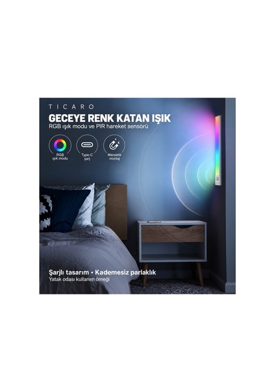 Tıcaro 40 Cm Rgb Sensörlü Şarjlı Led Dolap Işığı, 94 Led, 3000 Mah, 1 Adet Gümüş