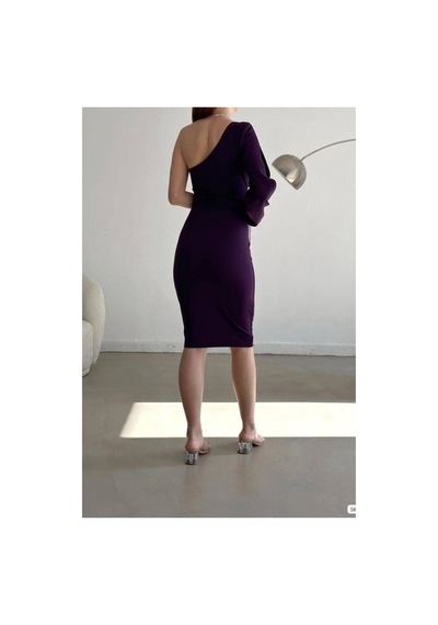 DefyModa Kadın Şık Tasarım Krep Kumaş Tek Omuz Abiye Elbise Mor