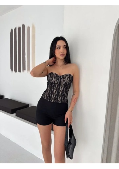Etiler Collection Fermuarlı Dantel Korse Straplez Bustiyer Transparan Şık Top - Bej