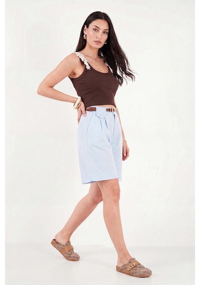 Lela Pamuklu Loose Fit Pileli Kemerli Bermuda Şort Bayan Şort 668yp5439 Mavi