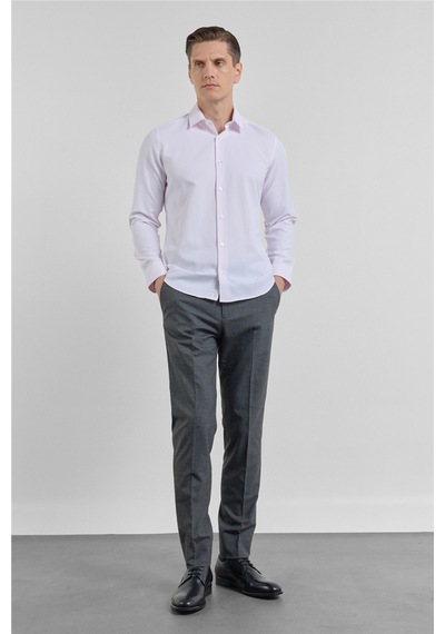 İmza Pudra Kendinden Desenli Sert Yaka Uzun Kol Cepsiz Slim Fit Pamuklu Gömlek 1004255283