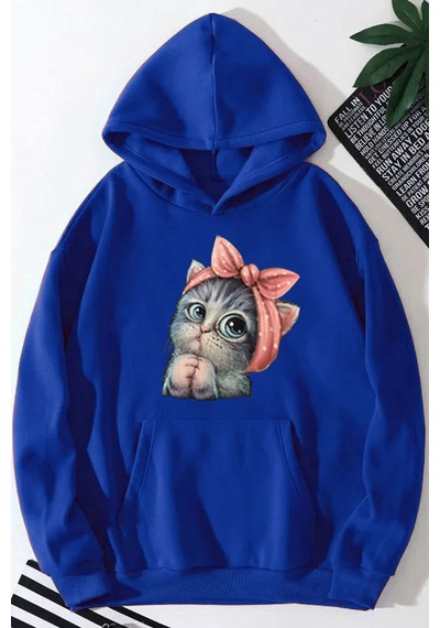 Medinenur Sevimli Kedi Baskılı Kadın Kapüşonlu Sweatshirt Mavi