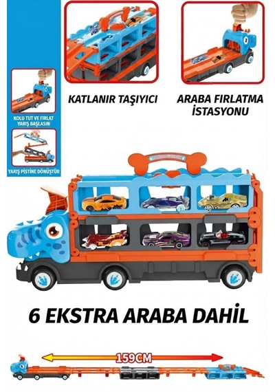 Dönüşebilen Oyuncak Tır Ve 159 Cm Yarış Pisti 6 Adet Spor Araba Hediyeli Fırlatıcılı Garaj Seti Çok Renkli