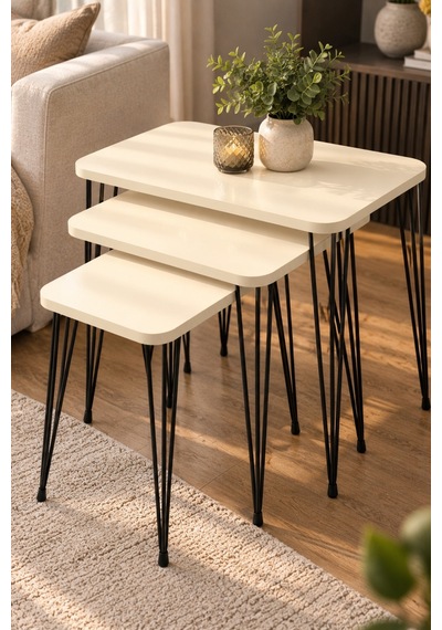 Sulorahome Siyah Tel Ayaklı Krem Rengi 4'lü Sehpa Seti