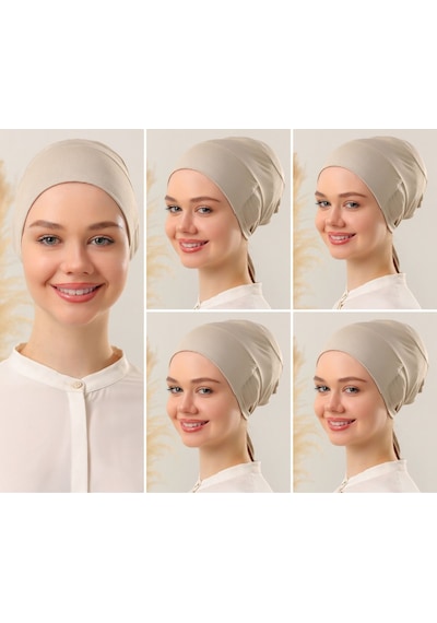 Melodi Scarf Kadın Tesettür Dikişli Set Bone Bej 5 Adet Bağlamalı Penye Bone Bej