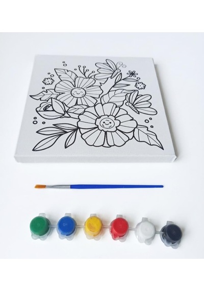 Figürlü Tuval Boyama Seti 20x20 Cm 1 Adet Fırça, 6 Renk Akrilik Boya Ve Referans Görselli Hobi & Kendin Yap Boyama Kiti 2, Çiçek Kelebek