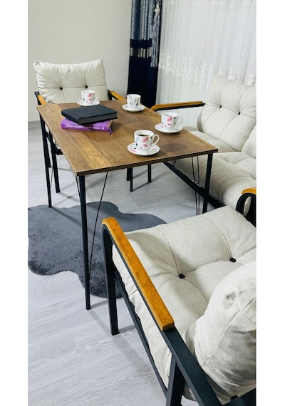 Madame Home Kadife Balkon, Bahçe,teras,cafe - Salon - Metal Kanepe Koltuk Takımı - 2+1+1 + Masa Krem