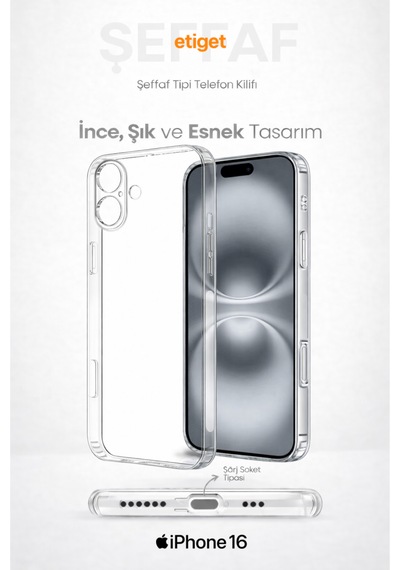 Apple Uyumlu iPhone 16 Şeffaf Silikon Kılıf Şarj Yeri Tıpalı, Kaymaz Kenarlı Şeffaf