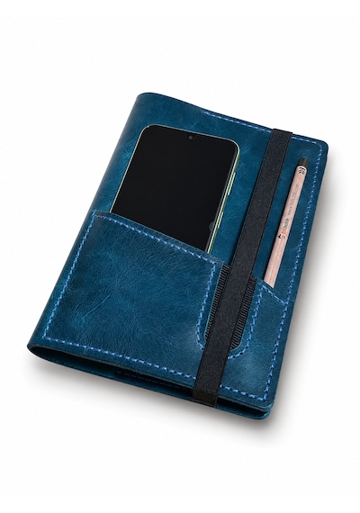 Bilikolik Hakiki Deri A5 Defter Kılıfı, El Yapımı, Telefon Cepli Ajanda Organizer, Defter Ve Kalem Dahil Mavi