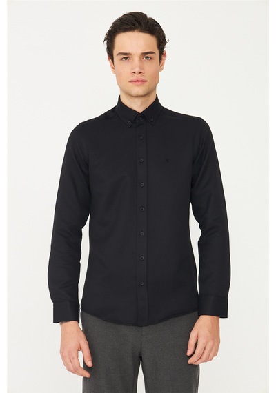 Siyah Düğmeli Yaka Uzun Kollu Gömlek Slim Fit SİYAH