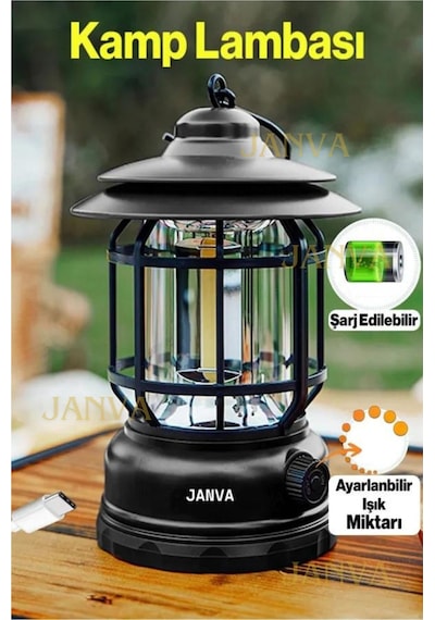 Janva Pratik Nostaljik ışığı ayarlanabilir Şarjlı Ledli Kamp Lambası Işıldak Fener 18650 şarjlı pilli Çok Renkli