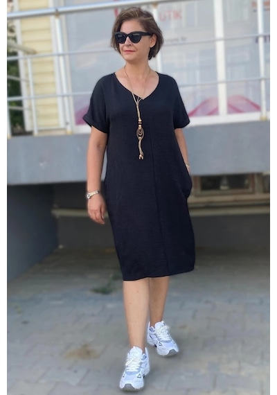 Mia Butik Büyük Beden Siyah Kolye Hediyeli Salaş Elbise Siyah