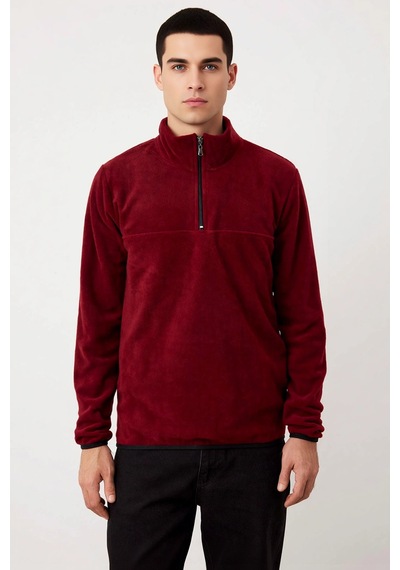 Benerly Erkek Dik Yaka Fermuarlı Standart Kol Polar Sweatshirt Fonksiyone Bordo