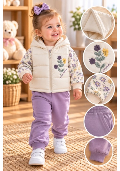 Baby Hi Süzine Çiçekli Şişme Yelekli Kız Üçlü Takım 9-18 Aylık -dü672342 - Mor