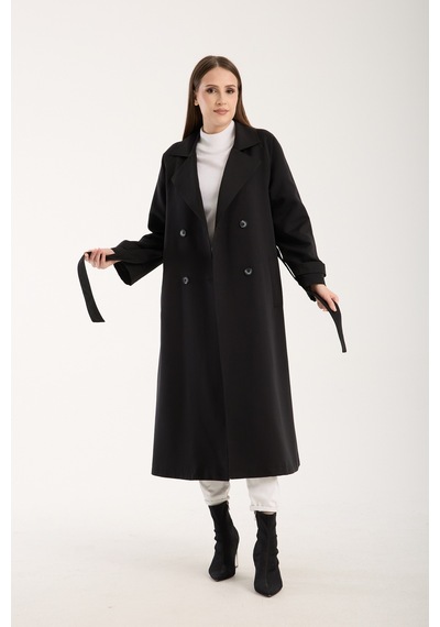 Siyah Kemerli Oversize Astarlı Trençkot 46159