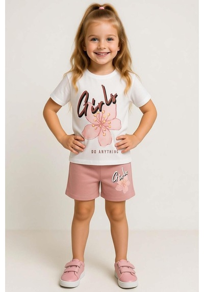 Riccotarz Kız Çocuk Üzeri Girl Yazı Ve Lale Detaylı T-shirt Pudra Şortlu Takım