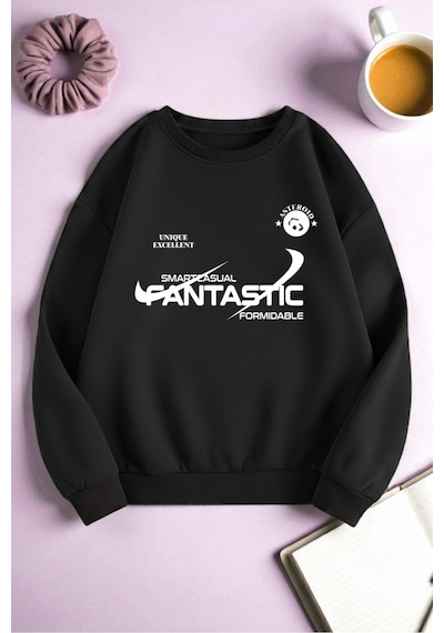 Uyguntarz Unisex Fantastic Baskılı Oversize Sweatshirt siyah