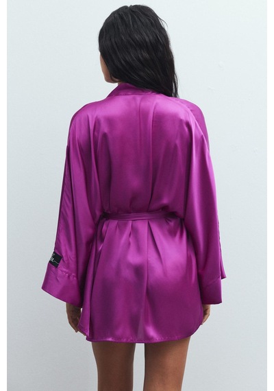 Fumée Fuşya Kısa Saten Sabahlık / Kimono Fuşya