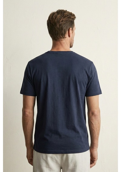 Elemge %100 Pamuk Süprem Pijama Üstü T-shirt Compact Penye Erkek Rahat Kalıp Lacivert Kısa Kol Offline Bask