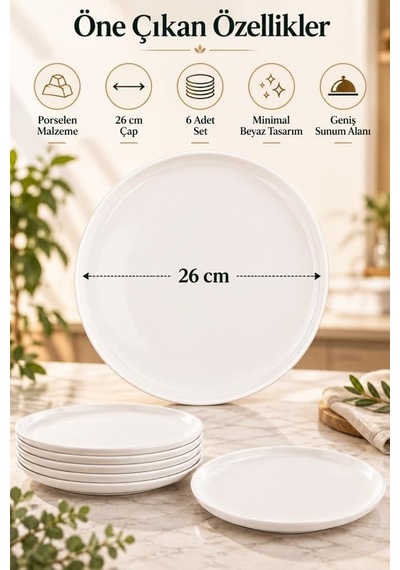 Tr 6'li Beyaz Porselen Servis Tabağı Seti 26 Cm - Düz Kenar Büyük Boy Ana Yemek Ve Sunum Tabağı Takımı Genel