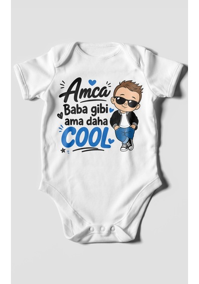 Morivokids Amca Temalı Kısa Kollu Bebek Body %100 Pamuk Beyaz