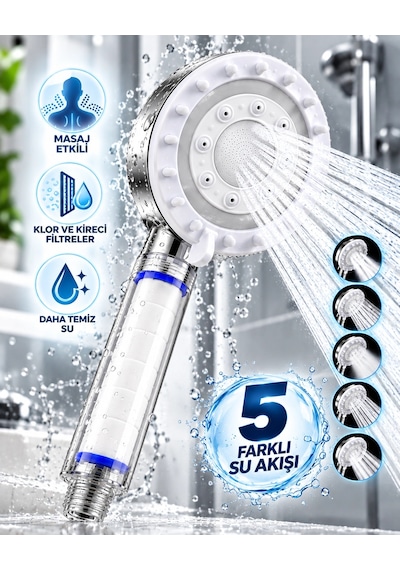 Zenvia Klor Ve Kireç Filtreli Duş Başlığı 5 Farklı Su Akışı Masaj Etkili Filtreli Duş Başlığı Znv2026 Çok Renkli