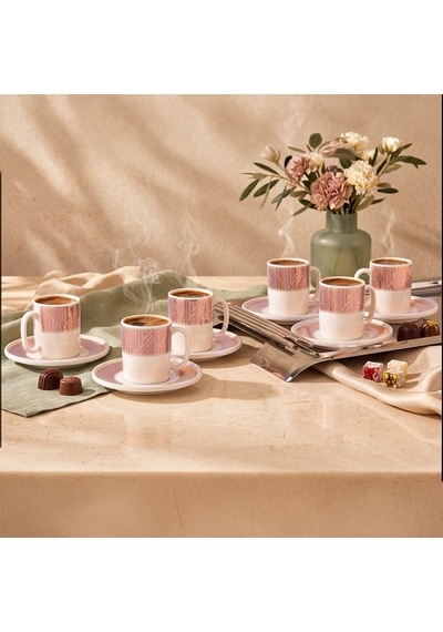 Aryıldız Nova 12 Parça 6 Kişilik Kahve Fincan Takımı Pembe 90 Ml Çok Renkli