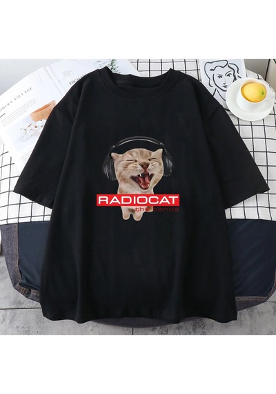 Startmore Beyaz Radiohead Kedi Karikatür Baskılı Sevimli Grafik Lar İçin Yumuşak Siyah
