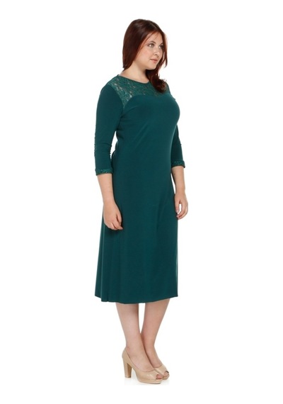 Nidya Moda Büyük Beden Dantel Kombinli Elbise-4078Dy Yeşil