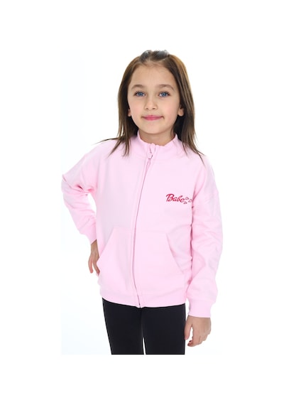 Toontoy Kız Çocuk Lila Dik Yaka Fermuarlı Düşük Omuz Cepli Nakış Baskılı Örme Hırka - 2 İplik Şardonlu Pembe