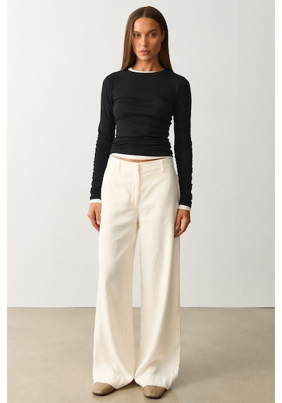 Madmext Ekru Yüksek Bel Keten Wide Leg Pantolon Mg2718