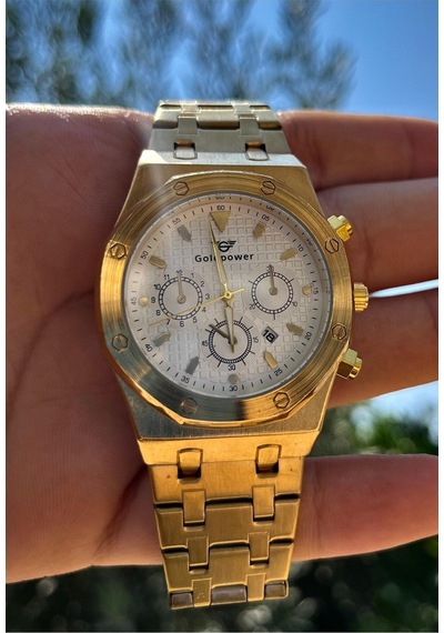 Lüks Çelik Gold Renk Içi Beyaz Erkek Saati Gold - 644766479 Sarı