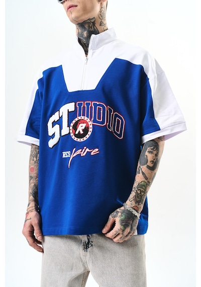 Respire Erkek Studio Nakışlı Yarım Fermuarlı Oversize T-shirt Saks