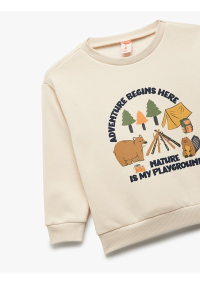 Koton Bisiklet Yaka Uzun Kollu Şardonlu Baskılı Sweatshirt Ekru 7wmb10028tk