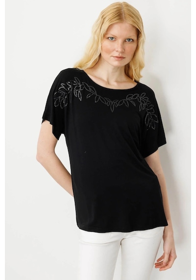 Desen Triko Kadın Sıfır Yaka Boncuk İşlemeli Penye T-shirt 25859 Siyah Siyah