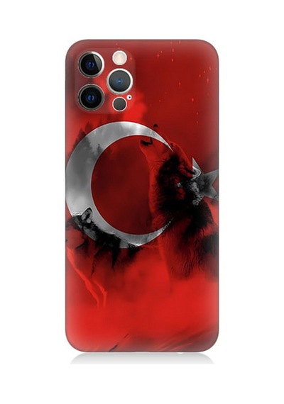 Apple Uyumlu  iPhone 12 Pro Silikon Kılıf Türk Bayrağı Ve Kurt