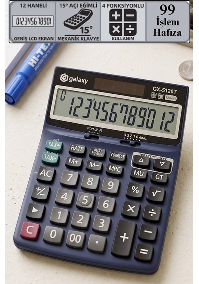 Hesap Makinesi Siyah 14x19 Cm 1 Adet Galaxy Gx-5120t 12 Haneli Orta Boy Okul Ofis Büro Masaüstü Hesap Makinası