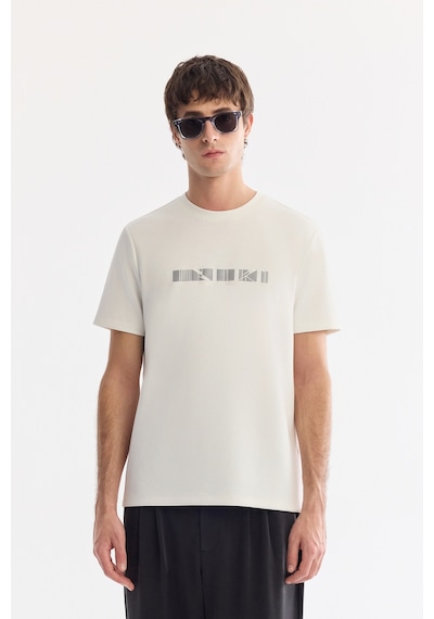 Avva Erkek Ekru Bisiklet Yaka Baskılı Bi-stretch İnterlok Regular Fit T-shirt A61y1061