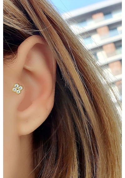 925ayar Gümüş Üzerine Rose Altın Kaplama Zirkon Taş Detaylı Çiçek Figürlü Tragus Kıkırdak Piercing Altın