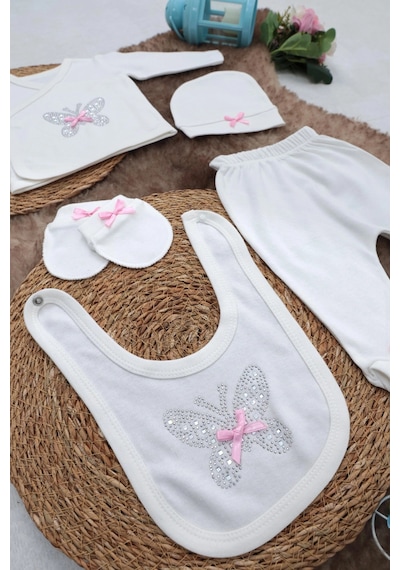 Sema Baby 5 Parça Hastane Çıkışı Zıbın Seti 0-3 Ay - Pink Butterfly Beyaz