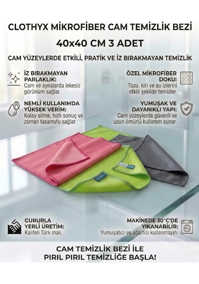 Mikrofiber Cam Temizlik Bezi 40 40 Cm 3 Adet - Gri-yeşil-pembe Karışık
