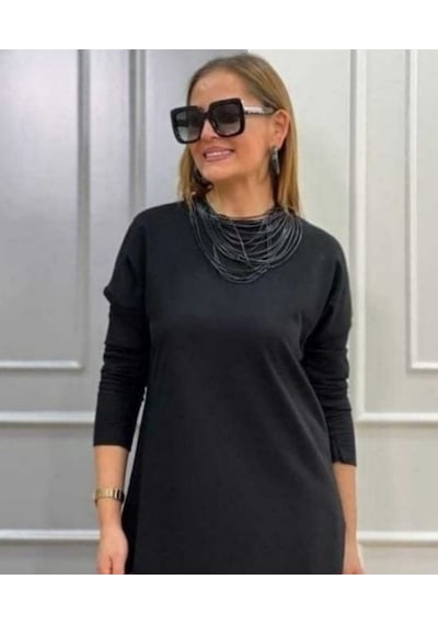 Drgy Giyim Kadın Uzun Kollu Bisiklet Yaka Etek Ucu Deri Dantelli Viskon Iki Iplik Midi Elbise Siyah