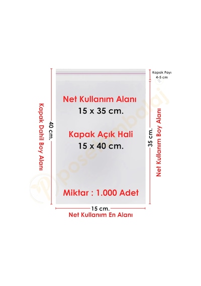 15x35+5 Cm. 15x40 1.000 Adet Şeffaf Bantlı Yapışkanlı Opp Poşet