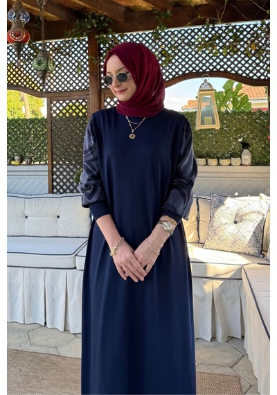 Rabia Şamlı Ebru Cupra Detaylı Triko Elbise Lacivert Normal