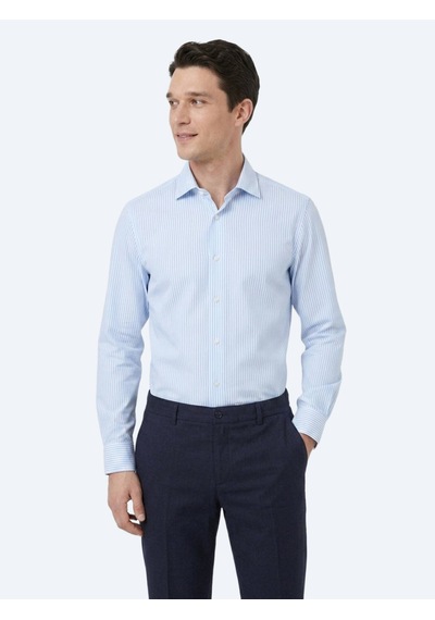Kip Açık Mavi Çizgili Regular Fit Uzun Dokuma Casual Pamuk Karışımlı Gömlek