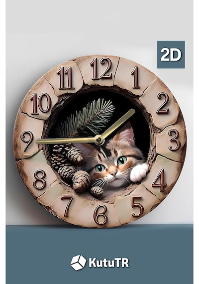 Kututr Patili Dostlarınız İçin Patili Saat Kedi Temalı Doğal Duvar Saati Sdw007