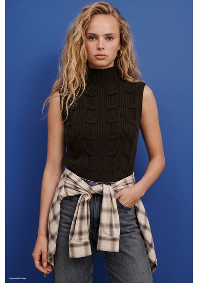 Sateen Örgülü Sıfır Kol Triko - Kahve-137891