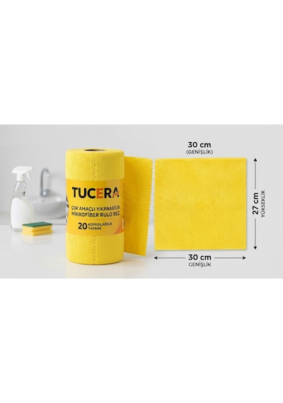 Tucera 20'li Rulo Kopar Kullan Mikrofiber Temizlik Bezi - Yıkanabilir Koku Yapmaz Çok Amaçlı 30x27 Cm Sarı
