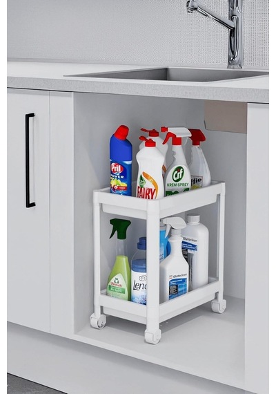Sas Haus Flex Elite Pro 2 Katlı Beyaz Tekerlekli Çok Amaçlı Banyo & Mutfak Düzenleyici Raf - Evye Altı Raf Beyaz 4 Diğer
